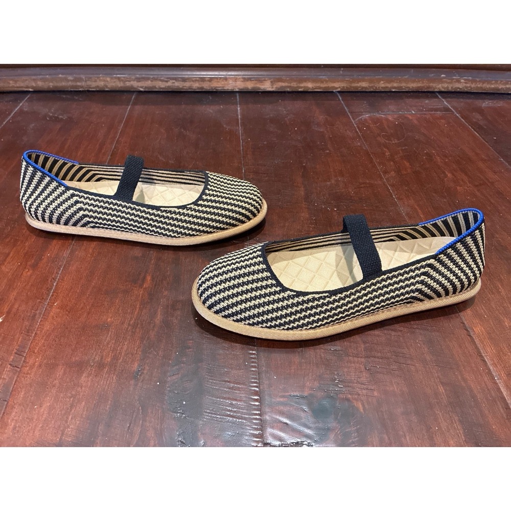 Rothy's "Cruiser" Mary Jane Flats Women 9 Sustainable Black Tan Stripe Knit